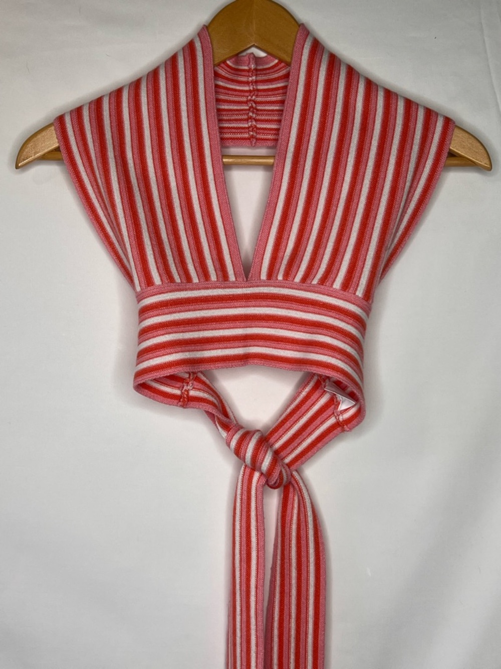 Striped V-Neck Tie-Front Knit Top in Red and Pink